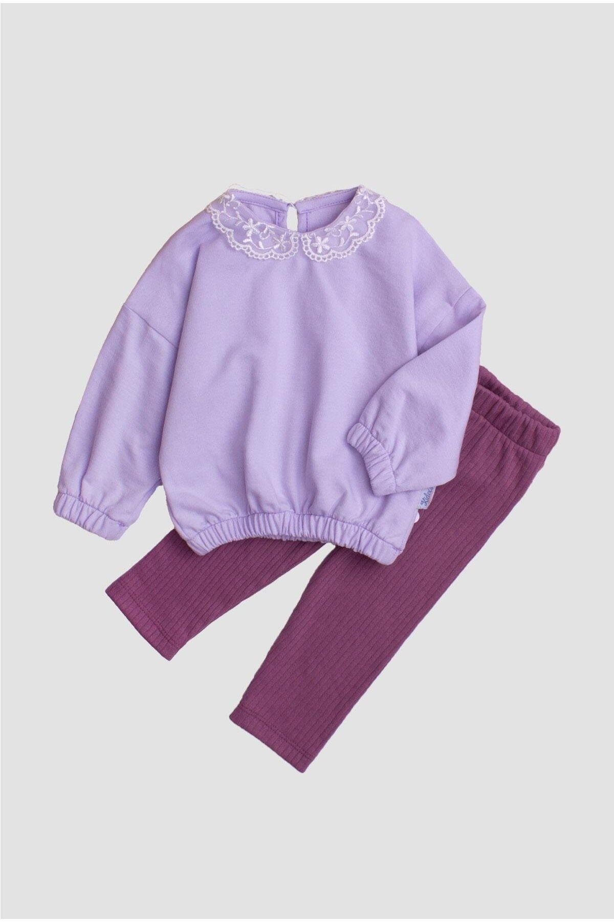 Pamuklu Kumaş Yaka Detaylı Tatlı Unisex Bebek&çocuk 2'li Alt Üst Eşofman Takım
